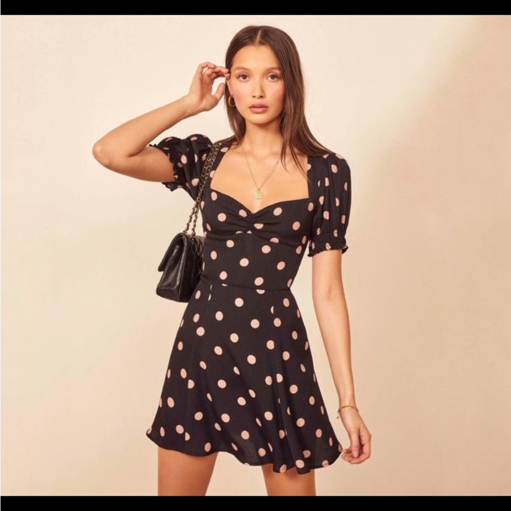Reformation Drea Dress Black Polka Dot Dress